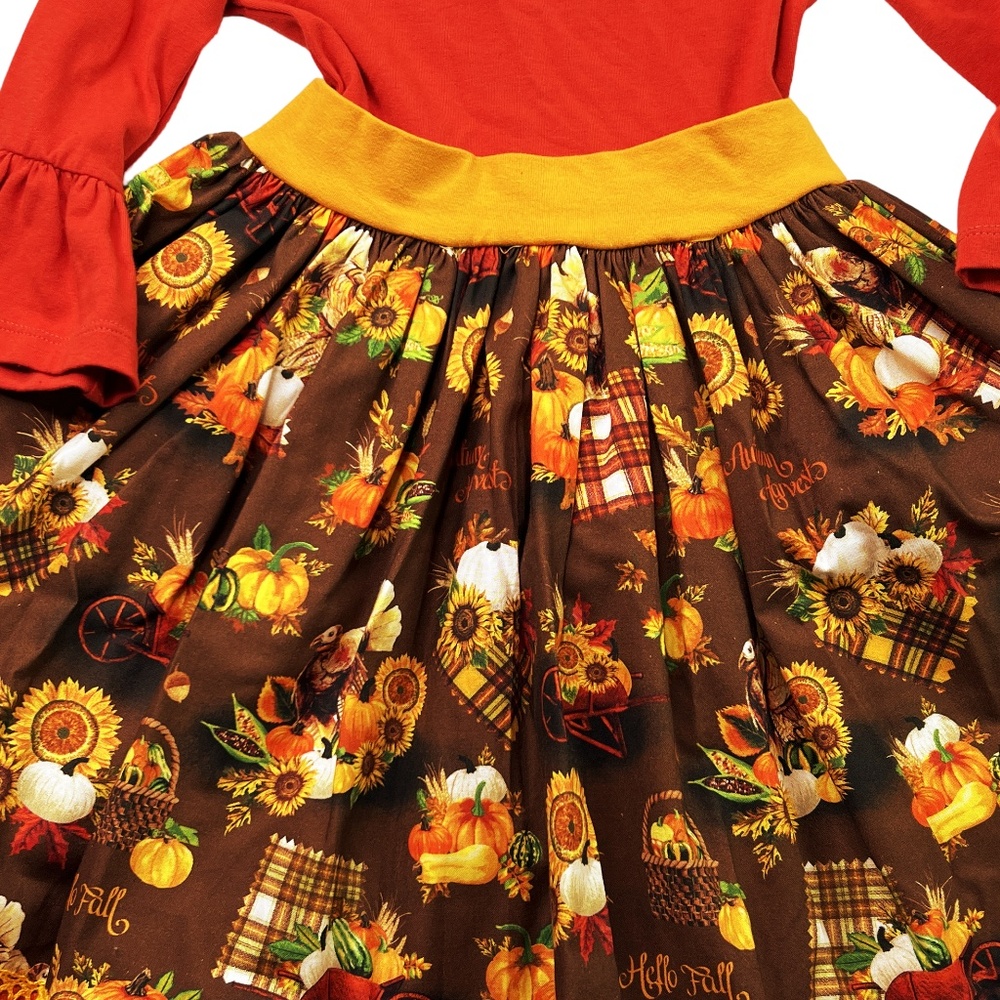 NEW KPea Original Fall Harvest Print Ruffle Sleeve Thanksgiving Holiday Dress - Picture 3 of 11